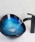 USZWBY Bathroom Sink Tempered Glass Bathroom Vessel Sink with flowing water and modern black faucet, blue gradient inside.