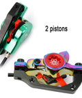 Heavy Duty Hydraulic Disc Brake Kit With 800mm Front And 1400mm Rear Lines Twin Pistons close-up of caliper in green and rainbow colors.