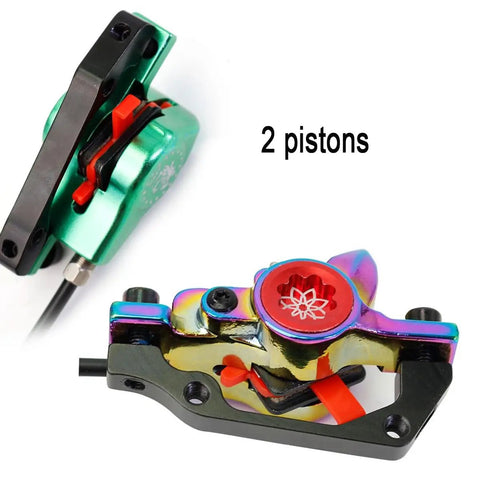 Heavy Duty Hydraulic Disc Brake Kit With 800mm Front And 1400mm Rear Lines Twin Pistons close-up of caliper in green and rainbow colors.