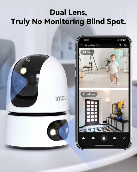 2K WiFi Indoor Security Camera For Pets And Baby With AI Motion And Sound Detection next to smartphone app interface