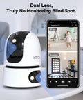 2.5K Indoor WiFi Security Camera For Home with smartphone app displaying live feed, AI human detection, and dual lens view.