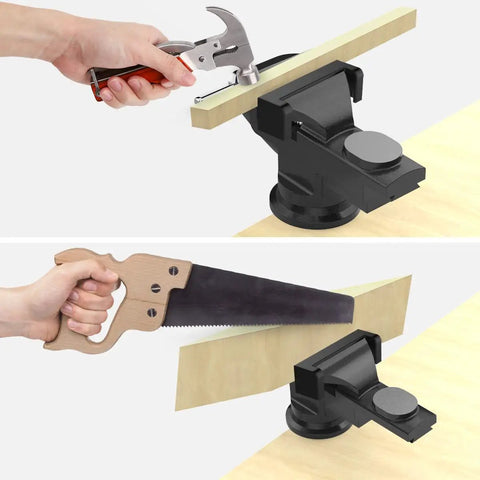 Hand using a 3 Inch Universal Swivel Base Table Vise With 360 Degree Rotation Portable Bench Clamp for precision cutting.
