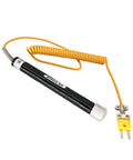 K-type thermocouple surface temperature probe with black cylindrical body, metal tip, orange coiled lead, yellow 2-pin connector