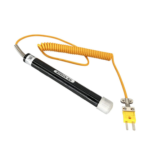 K-type thermocouple surface temperature probe with black cylindrical body, metal tip, orange coiled lead, yellow 2-pin connector