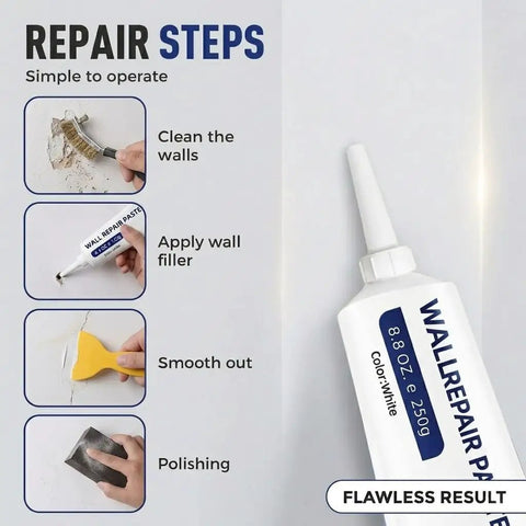 Instruction steps for using the Upgraded Quick Drying Wall Mending Kit With Scraper All In One Patch Paste for filling holes and cracks.