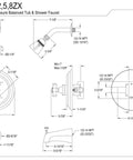 Millennium KB2635ZX Tub And Shower Faucet diagram with dimensions and NPT connections
