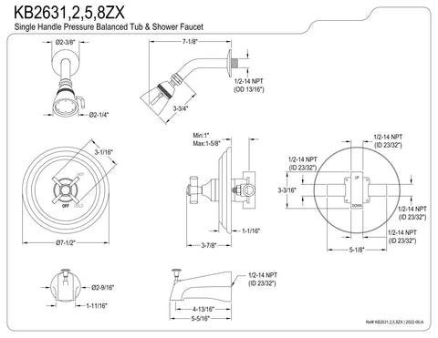 Millennium KB2635ZX Tub And Shower Faucet diagram with dimensions and NPT connections