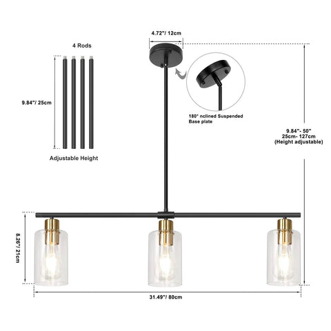 Three Light Linear Farmhouse Kitchen Island Lighting In Black And Gold Finish With Glass Shades size details and adjustable height