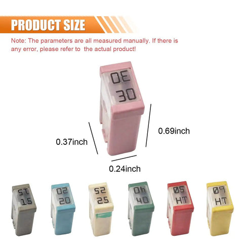 Product dimensions of Six Pack 30A 32V Mini Slotted MCASE Cartridge Fuse Kit, featuring various color-coded vehicle fuses.