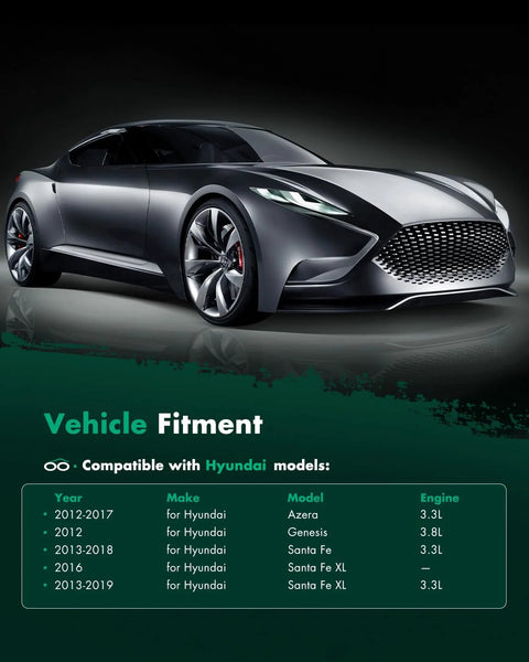 Hyundai concept car with vehicle fitment chart for Azera, Genesis, Santa Fe, Santa Fe XL models from 2012 to 2019