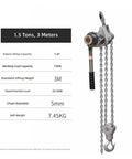 Heavy Duty Aluminum Hand Chain Hoist 1.5 Ton Manual Wire Lifting Crane Rigging Gear with 3-meter lift capacity.