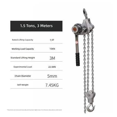 Heavy Duty Aluminum Hand Chain Hoist 1.5 Ton Manual Wire Lifting Crane Rigging Gear with 3-meter lift capacity.
