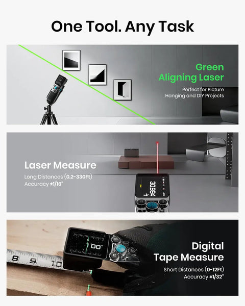 Digital Tape Measure And Laser Distance Meter Combo For Pro And DIY Use With 12ft Digital Tape And 330ft Laser Range Perfect For Home Improvement Construction Woodworking And Long Distance Measuring with green aligning laser, laser measure, and tape measure