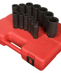 Deep Half Inch Drive 8 Point SAE Impact Socket Set, 13 Piece, CR-MO Steel sockets displayed on red blow molded case.