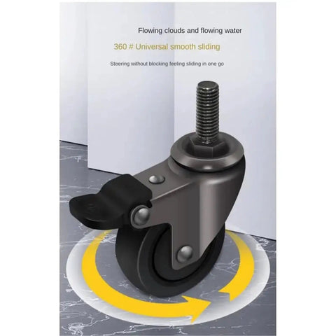 Four Piece Pack Of Heavy Duty Furniture Casters Featuring 1 Inch Silent Rubber Wheels Threaded Mounts Secure Brake Smooth Glide Daily Built Tough A Real Deal Home Upgrade close-up of a 1-inch rubber caster with threaded mount and brake on a smooth surface.