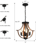 Four Light Farmhouse Pendant Lighting Featuring Rustic Faux Wood Chandelier details, 16in wide, 14in tall, max 78in drop, ceiling adaptable.