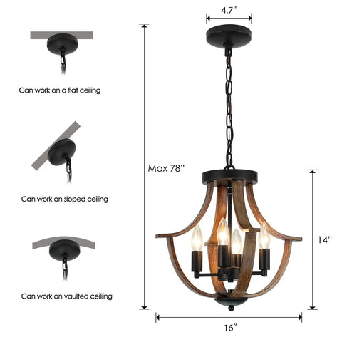 Four Light Farmhouse Pendant Lighting Featuring Rustic Faux Wood Chandelier details, 16in wide, 14in tall, max 78in drop, ceiling adaptable.