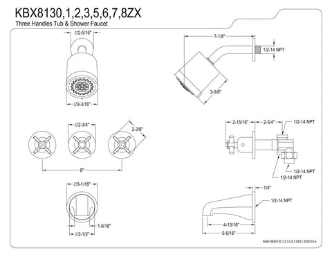 Technical diagram of Millennium Triple-Handle Tub And Shower Faucet In Polished Chrome With No-Fuss Wall Mount, 12-14 NPT connection.