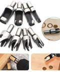 Ridiculously Tough Carbon Steel Wood Plug Cutter Drill Bits Eight Piece Straight And Tapered Taper Claw Design for precision woodworking tasks.