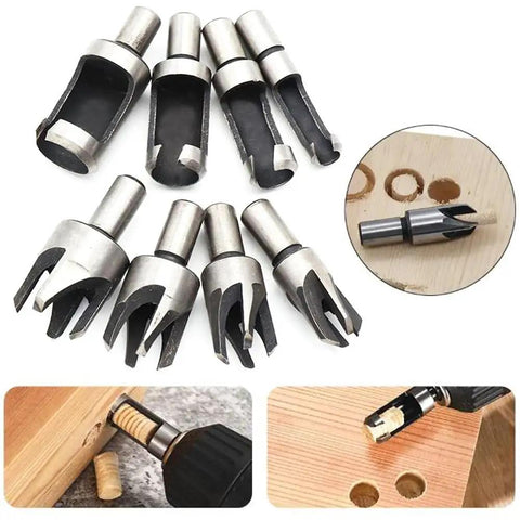 Ridiculously Tough Carbon Steel Wood Plug Cutter Drill Bits Eight Piece Straight And Tapered Taper Claw Design for precision woodworking tasks.