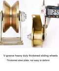 Heavy Duty V Track Gate Roller Wheels With Mounting Bracket For Sliding Gates And Industrial Tracks Four Inch Steel Caster Pair close-up of thickened sliding wheels with mounting bracket.