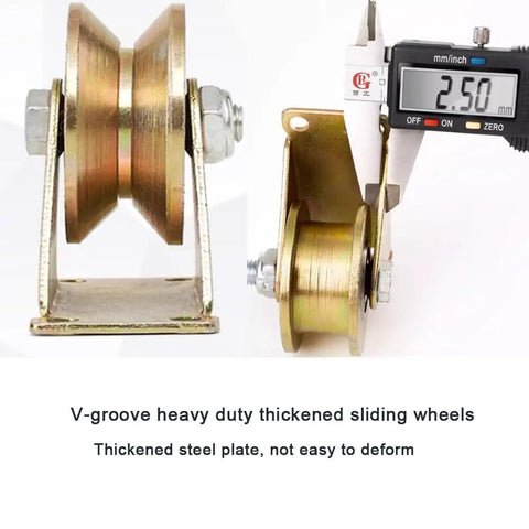Heavy Duty V Track Gate Roller Wheels With Mounting Bracket For Sliding Gates And Industrial Tracks Four Inch Steel Caster Pair close-up of thickened sliding wheels with mounting bracket.