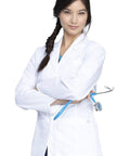 Woman wearing Women's 28 Inch Poplin Lab Coat With Notched Lapels And Button Front Built To Last All Day Comfort Workhorse Medical Coat