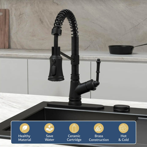 Matte Black Kitchen Faucet With Pull Down Sprayer One Handle Pull Out Design Single Level Sink Tap Easy Install Modern Durable Finish