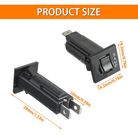 Heavy Duty Thermal Circuit Breaker Fuse For W28XQ1A3 Rapid Swap Overload Protection Switch showing size and dimensions, 3A rating.