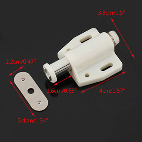 Door Catch Set Pack Of 4 No Brainer Push Open Touch Latch with dimensions for easy install and secure entry.