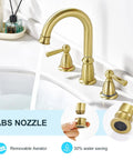 Widespread 3 Hole Brushed Gold Bathroom Faucet With No Splash 8 Inch Center Spout Pop Up Drain And Dual Handle Vanity Sink Faucet