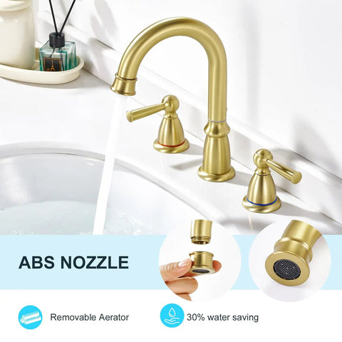 Widespread 3 Hole Brushed Gold Bathroom Faucet With No Splash 8 Inch Center Spout Pop Up Drain And Dual Handle Vanity Sink Faucet