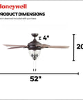 Glencrest 52 Inch Indoor Outdoor LED Ceiling Fan With Light And Pull Chain, dimensions display, dual finish blades in bronze.