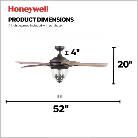 Glencrest 52 Inch Indoor Outdoor LED Ceiling Fan With Light And Pull Chain, dimensions display, dual finish blades in bronze.