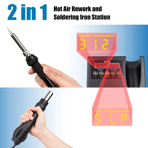 Hands holding Dual Function Soldering Station With Hot Air Rework Kit 2 In 1, showing digital temperature and auto sleep display.