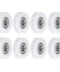 8 Pack U Groove Ball Bearings With Tough Nylon Races And Heat Treated Steel For Heavy Duty Pulley Builds And Slick Gear Mods That Roll Out The Barrel Flawlessly. Set of eight white bearings with steel cores.