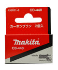 Front view of the Makita CB440 Carbon Brush Set Replacement For Power Tools, OEM Authorized Part, shown in packaging box.