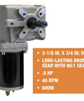600W 12V Electric Tarp Gear Motor With Bronze Gear And 90:1 Ratio, Weatherproof Chrome Cover, shown with output shaft