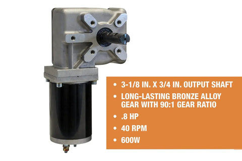 600W 12V Electric Tarp Gear Motor With Bronze Gear And 90:1 Ratio, Weatherproof Chrome Cover, shown with output shaft