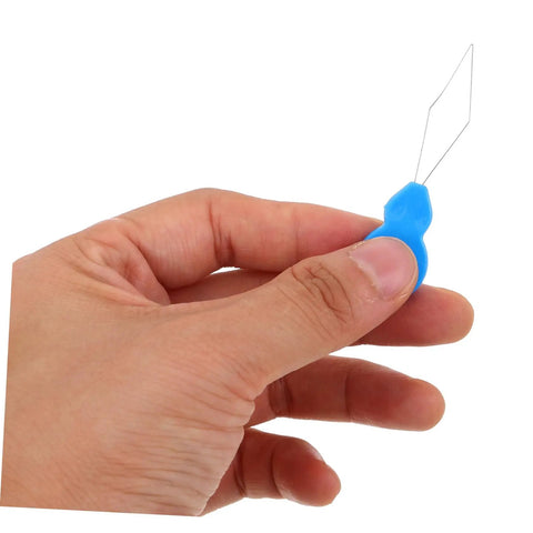 Hand holding blue Gourd Shaped Plastic Needle Threader For Hand Sewing And Embroidery, Portable Threading Tool for needle eyes