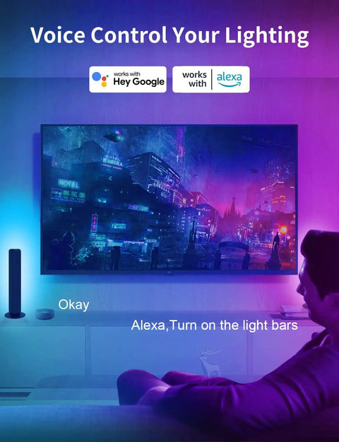 Lit RGBICW Smart Light Bars For TV PC And Gaming Setup With Scene And Music Sync, 16 Million Color Ambient Lighting Kit That Works With Alexa And Google Assistant displayed on a wall behind a TV with blue and purple lights.
