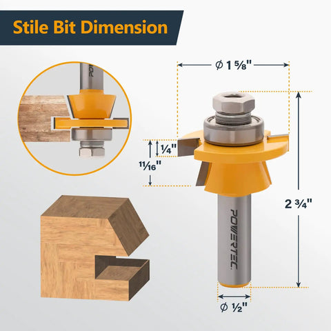 Killer Cut Shaker Cabinet Door Rail And Stile Router Bit Set Two Piece Kit showing stiles dimensions and bit details, half inch shank, carbide heads.
