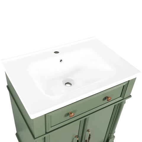 HAOCHRYSYPH Ceramic Basin, Sink Only, White, 27.83 x 18.70 x 7.00 in. top view with integrated sink on green cabinetry.