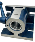 Heavy Duty 5C Collet Holding Fixture With Quick Release Lever Design For Horizontal Or Vertical Machining Setup And Rock Solid Workpiece Clamping Grip Around The Shop Floor in blue steel, features a sturdy base.
