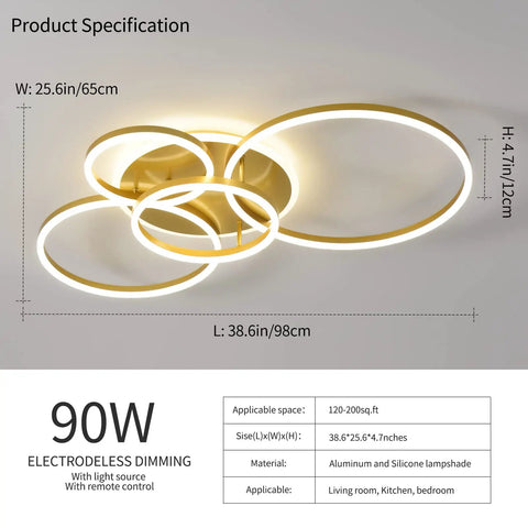 90W Dimmable LED Ceiling Light With Remote Control, 5 Ring Flush Mount Gold Acrylic Chandelier, dimensions 38.6x25.6 inches