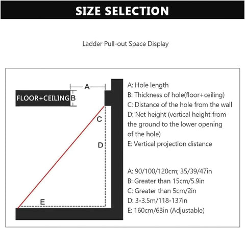 Heavy Duty Electric Pull Down Attic Ladder With Smooth Remote Control And Top Shelf Adjustable Handrails For Hassle Free Loft Access and Solid Ceiling Mount Installation size selection diagram showing dimensions and specifications for installation.