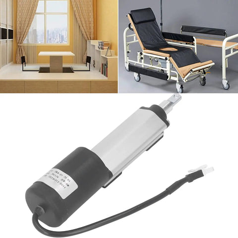 Smooth And Quiet 12V Electric Linear Actuator With 70mm Stroke And 100N Thrust shown with adjustable chair and table setup.
