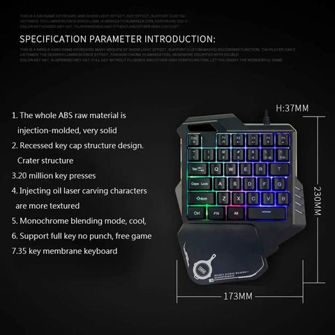 Compact 35 Key Mechanical Gaming Keyboard With Ergonomic Wrist Rest And Snappy One Handed Keypad Delivering Fire Rgb Backlights For Clutch Fps Moba Rig Ready Pc Gamer Setup at a top-down view showing key layout and RGB lighting.