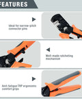 iCrimp IWS-3220M micro connector pin crimping tool with orange grips and ratcheting mechanism