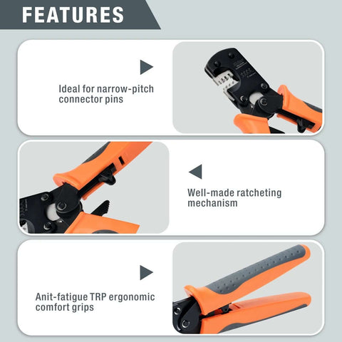 iCrimp IWS-3220M micro connector pin crimping tool with orange grips and ratcheting mechanism